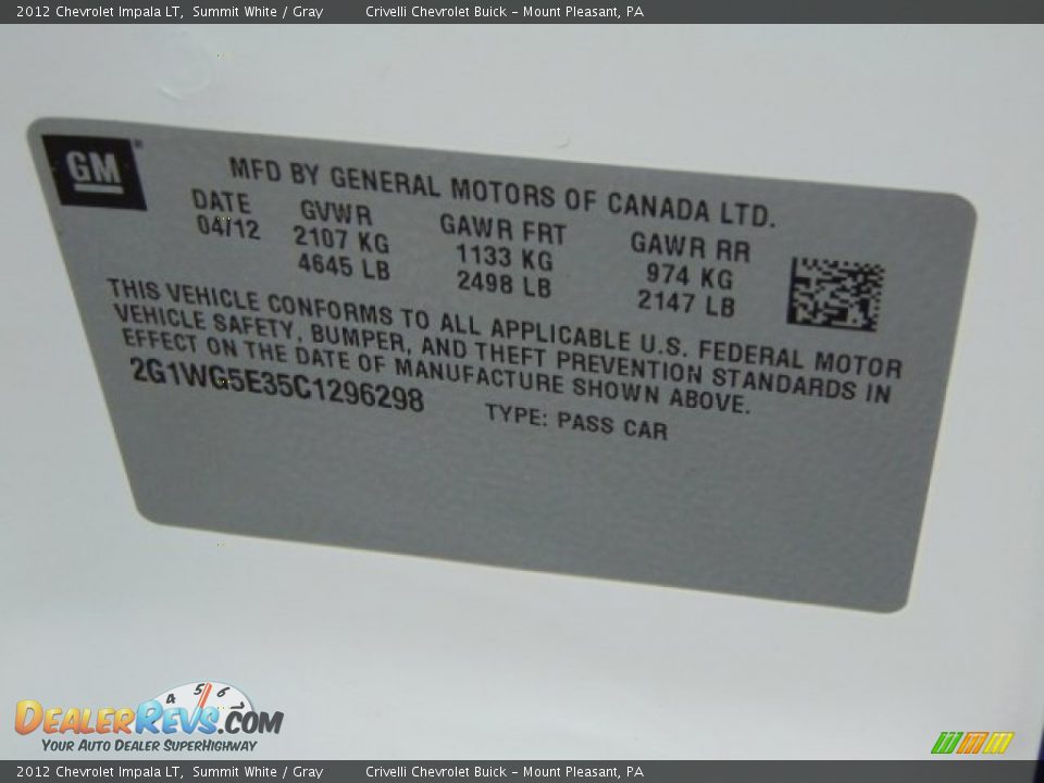 2012 Chevrolet Impala LT Summit White / Gray Photo #34