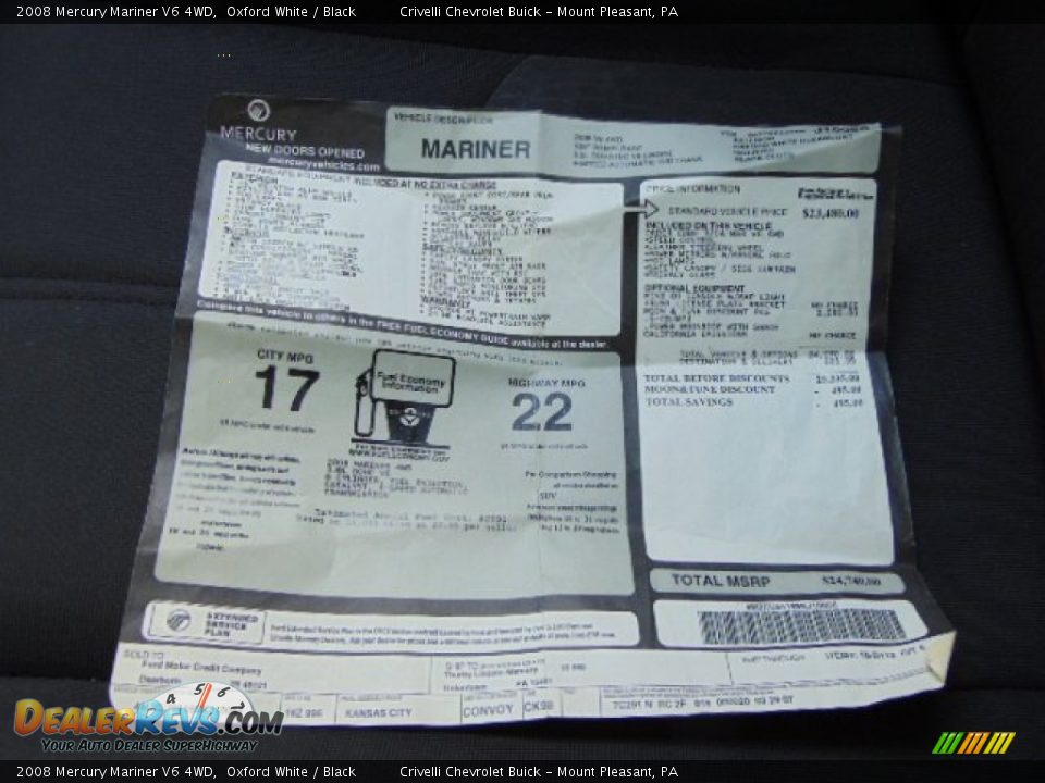 2008 Mercury Mariner V6 4WD Window Sticker Photo #26