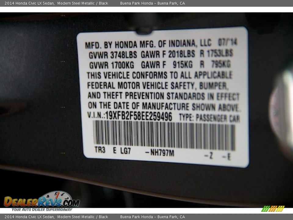 2014 Honda Civic LX Sedan Modern Steel Metallic / Black Photo #20