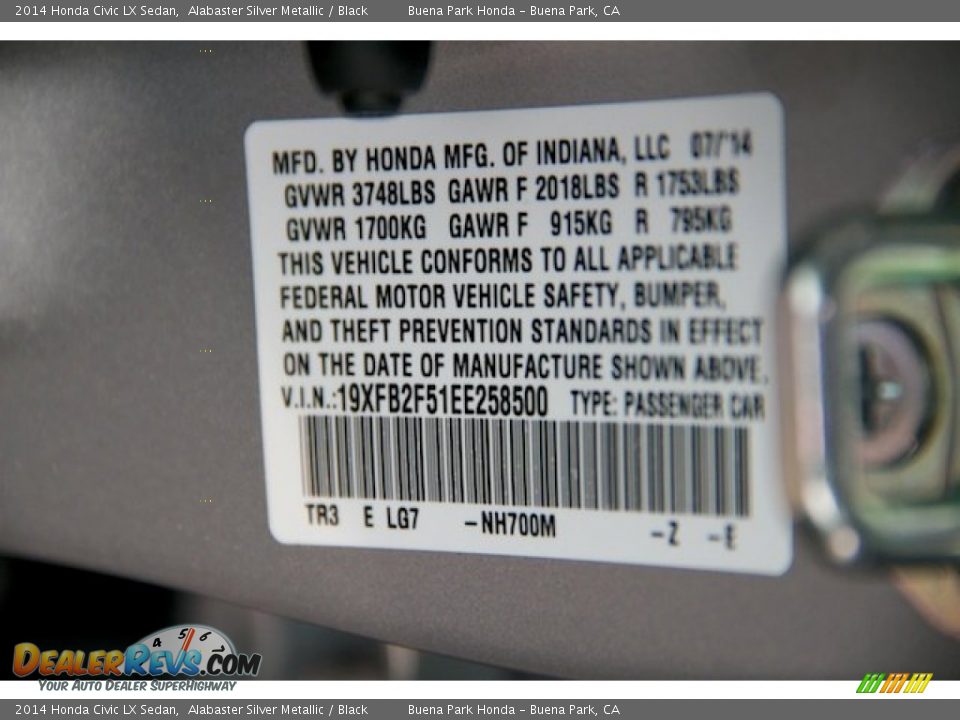 2014 Honda Civic LX Sedan Alabaster Silver Metallic / Black Photo #19