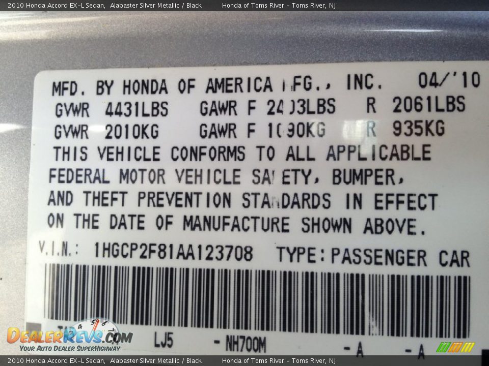 2010 Honda Accord EX-L Sedan Alabaster Silver Metallic / Black Photo #16