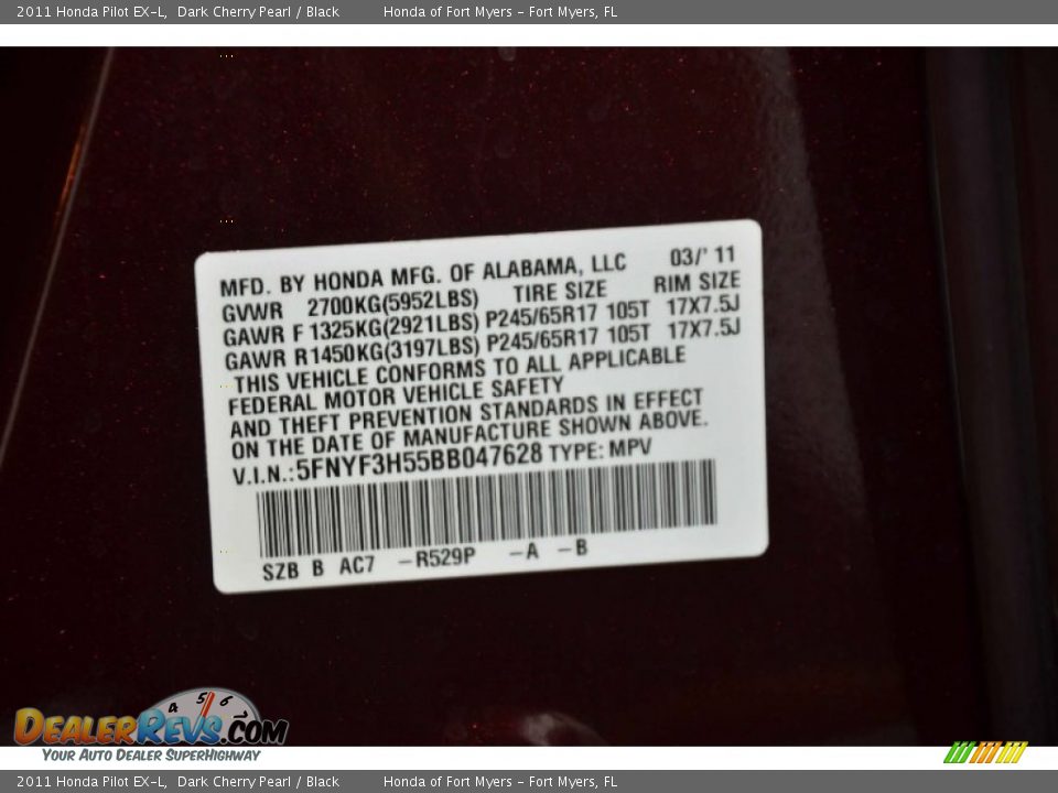 2011 Honda Pilot EX-L Dark Cherry Pearl / Black Photo #35