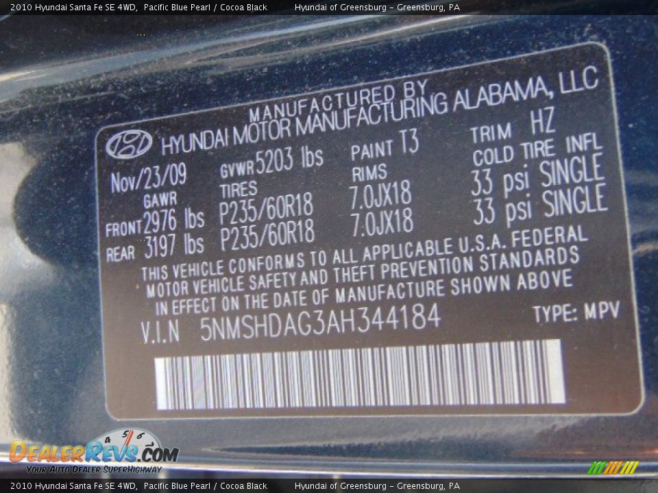 2010 Hyundai Santa Fe SE 4WD Pacific Blue Pearl / Cocoa Black Photo #24