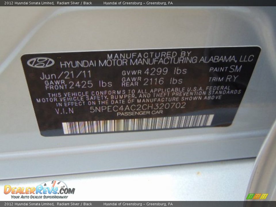 2012 Hyundai Sonata Limited Radiant Silver / Black Photo #24