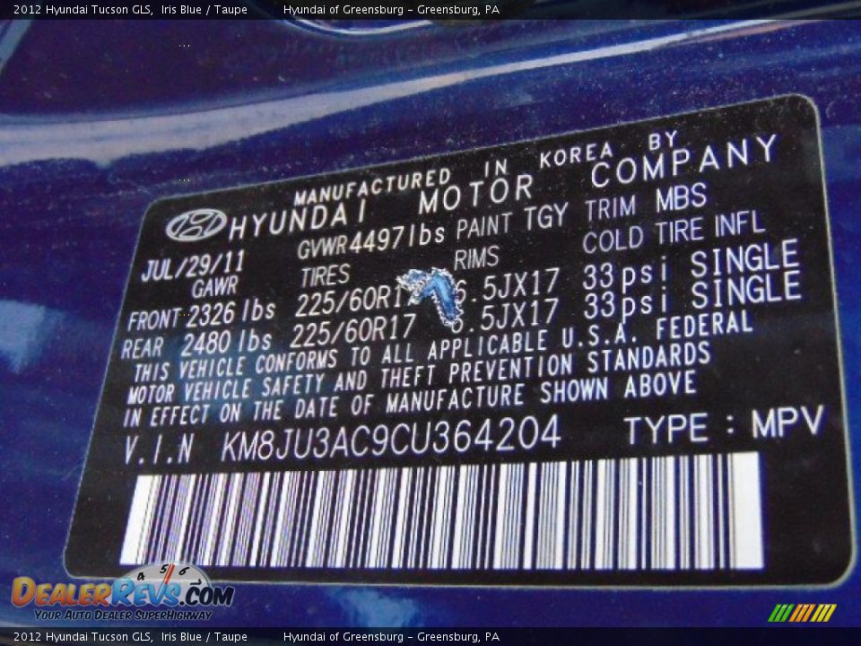 2012 Hyundai Tucson GLS Iris Blue / Taupe Photo #24