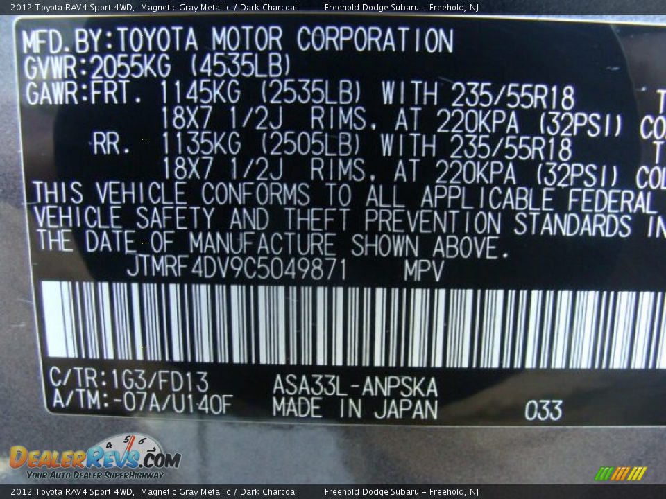 2012 Toyota RAV4 Sport 4WD Magnetic Gray Metallic / Dark Charcoal Photo #24