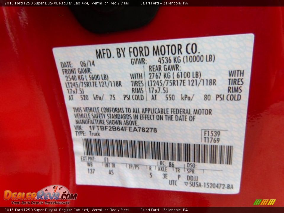 2015 Ford F250 Super Duty XL Regular Cab 4x4 Vermillion Red / Steel Photo #20
