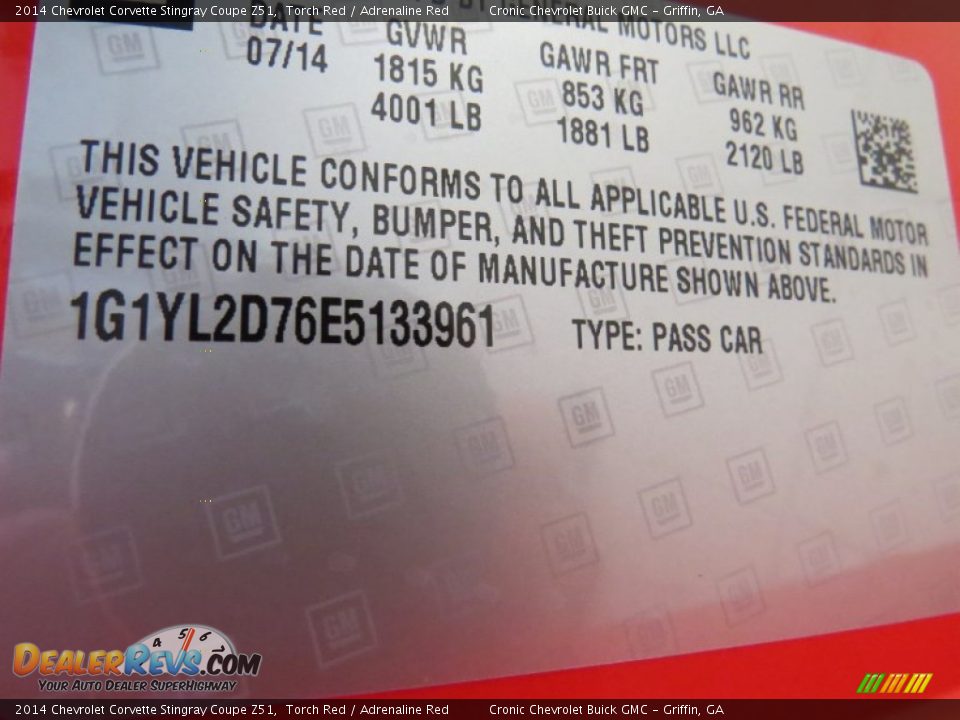 Info Tag of 2014 Chevrolet Corvette Stingray Coupe Z51 Photo #16