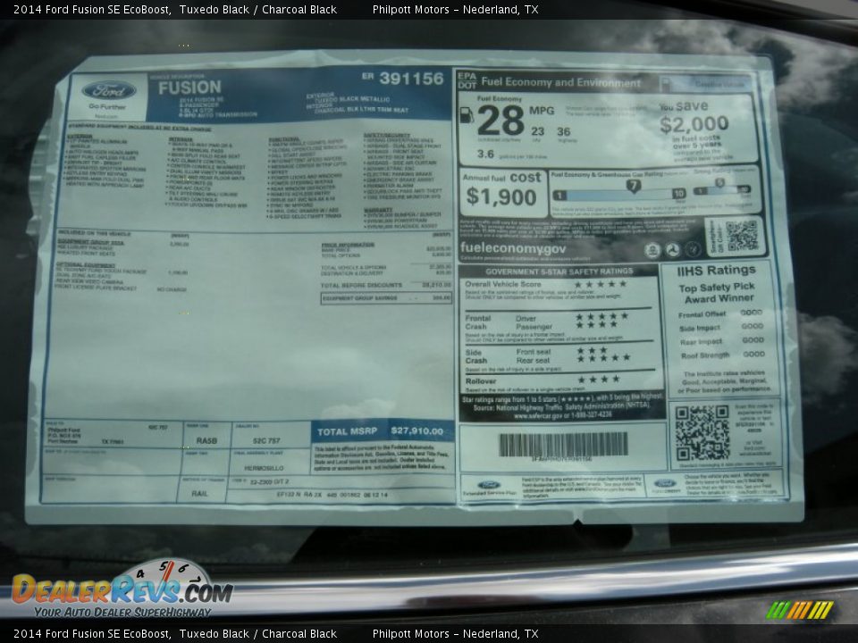 2014 Ford Fusion SE EcoBoost Tuxedo Black / Charcoal Black Photo #34