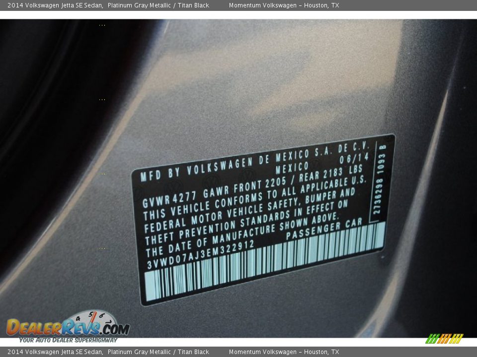 2014 Volkswagen Jetta SE Sedan Platinum Gray Metallic / Titan Black Photo #29