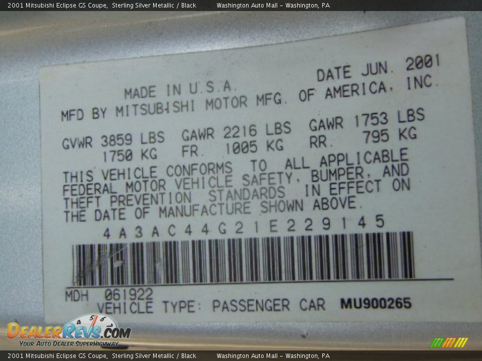 2001 Mitsubishi Eclipse GS Coupe Sterling Silver Metallic / Black Photo #19