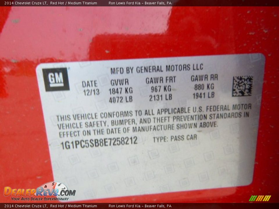 2014 Chevrolet Cruze LT Red Hot / Medium Titanium Photo #20