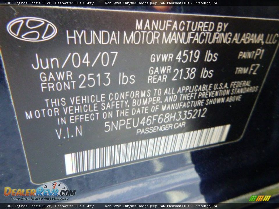 2008 Hyundai Sonata SE V6 Deepwater Blue / Gray Photo #19