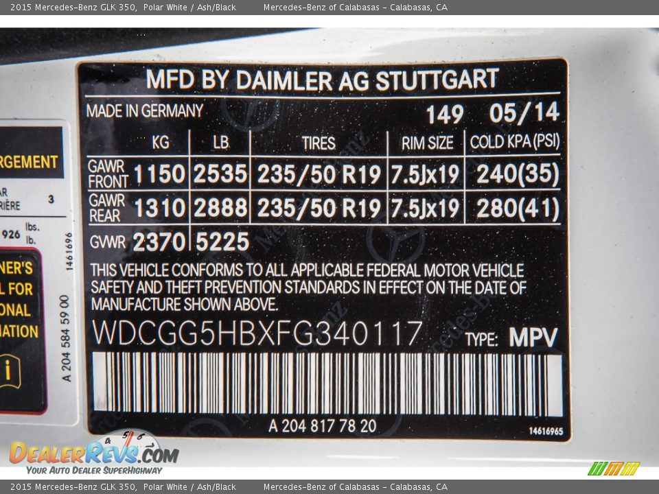 2015 Mercedes-Benz GLK 350 Polar White / Ash/Black Photo #7