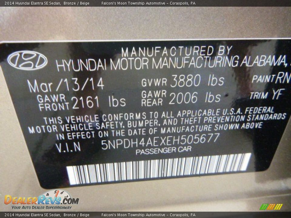 2014 Hyundai Elantra SE Sedan Bronze / Beige Photo #4