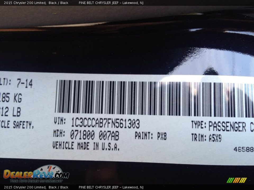 2015 Chrysler 200 Limited Black / Black Photo #9