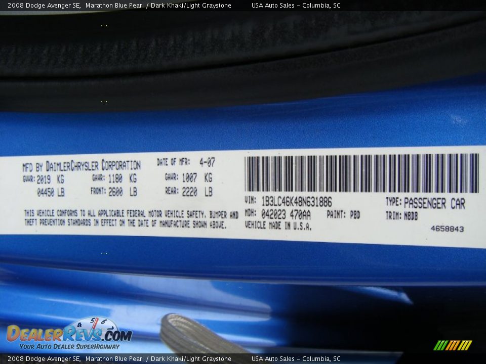 2008 Dodge Avenger SE Marathon Blue Pearl / Dark Khaki/Light Graystone Photo #21