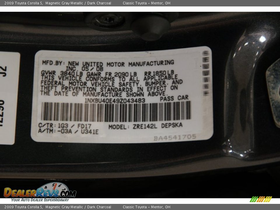 2009 Toyota Corolla S Magnetic Gray Metallic / Dark Charcoal Photo #17