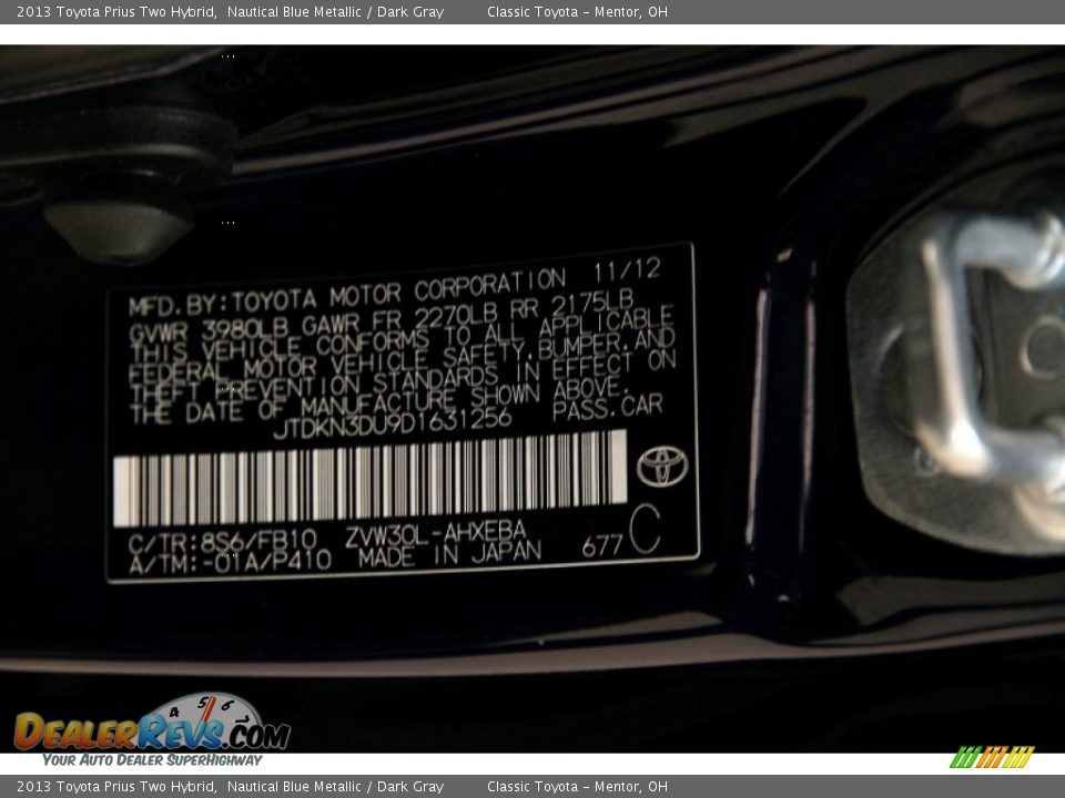 2013 Toyota Prius Two Hybrid Nautical Blue Metallic / Dark Gray Photo #23