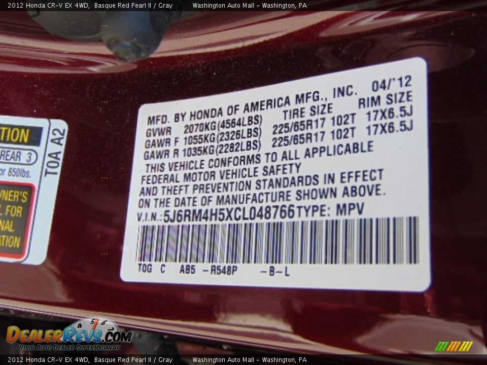 2012 Honda CR-V EX 4WD Basque Red Pearl II / Gray Photo #19