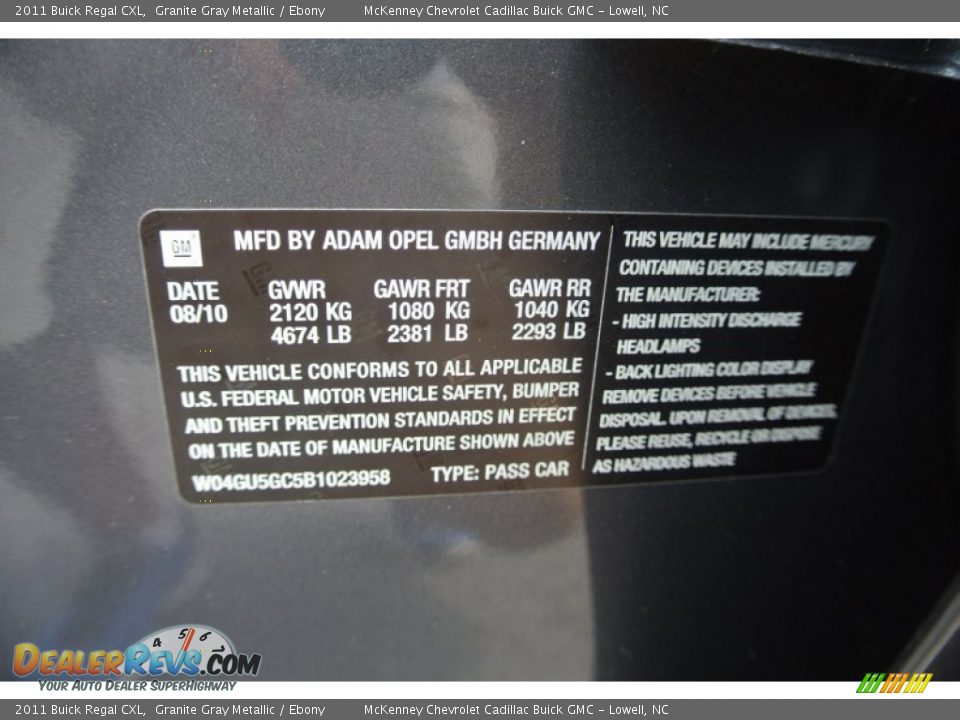 2011 Buick Regal CXL Granite Gray Metallic / Ebony Photo #7