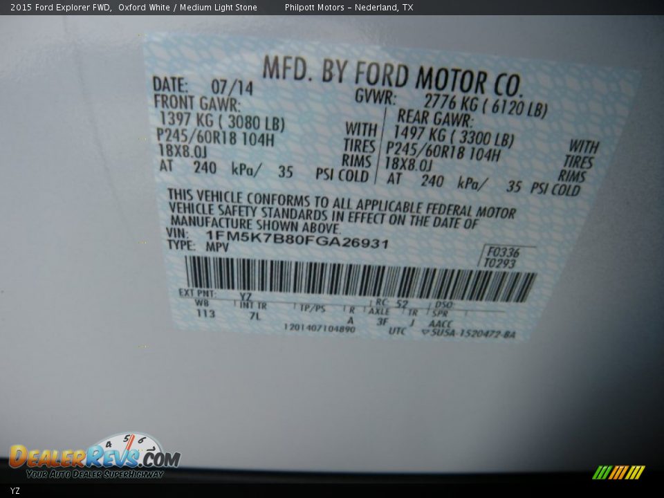 Ford Color Code YZ Oxford White