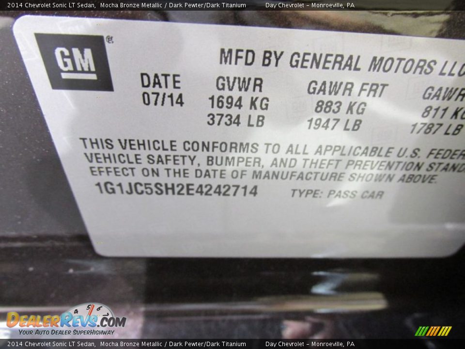 2014 Chevrolet Sonic LT Sedan Mocha Bronze Metallic / Dark Pewter/Dark Titanium Photo #19