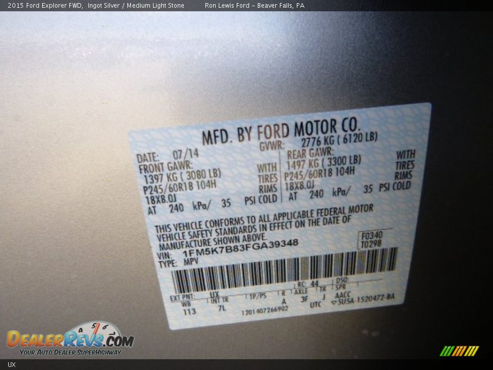 Ford Color Code UX Ingot Silver