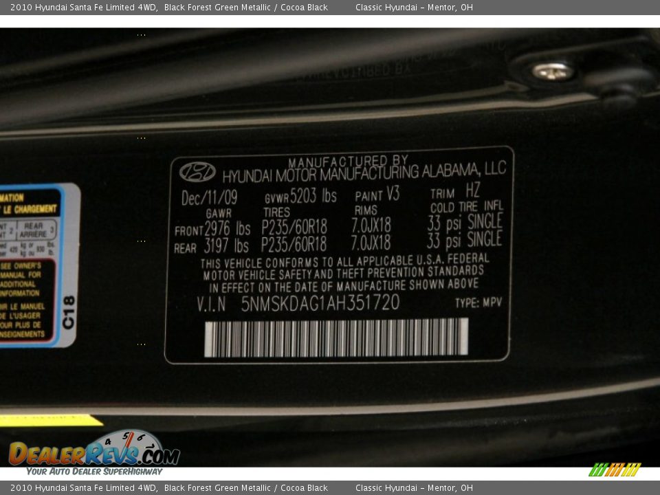 2010 Hyundai Santa Fe Limited 4WD Black Forest Green Metallic / Cocoa Black Photo #16