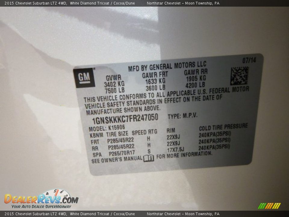 2015 Chevrolet Suburban LTZ 4WD White Diamond Tricoat / Cocoa/Dune Photo #20