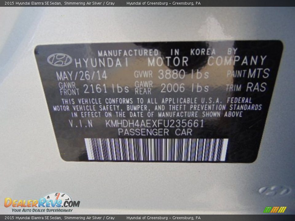 2015 Hyundai Elantra SE Sedan Shimmering Air Silver / Gray Photo #15