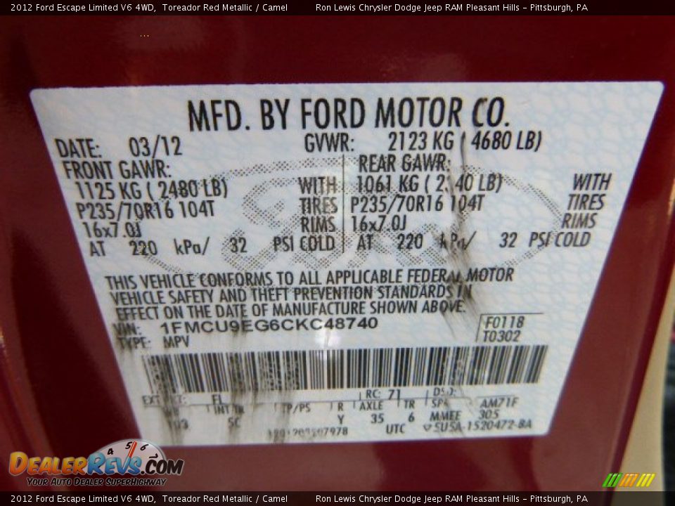 2012 Ford Escape Limited V6 4WD Toreador Red Metallic / Camel Photo #19