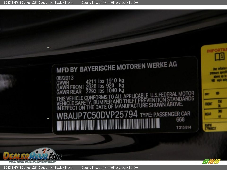2013 BMW 1 Series 128i Coupe Jet Black / Black Photo #17