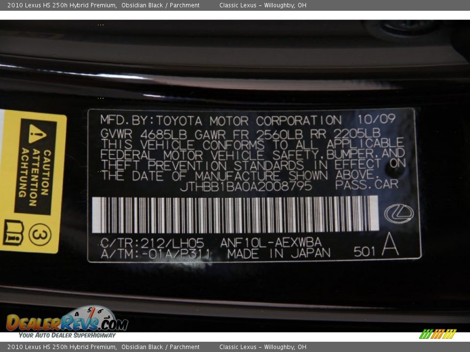 2010 Lexus HS 250h Hybrid Premium Obsidian Black / Parchment Photo #27