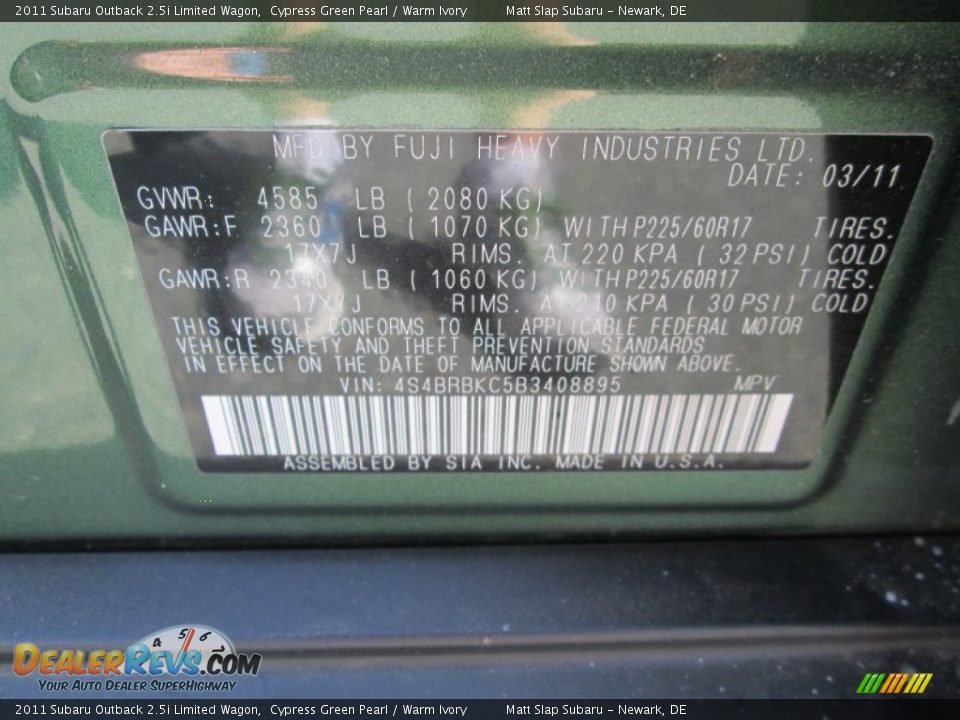 2011 Subaru Outback 2.5i Limited Wagon Cypress Green Pearl / Warm Ivory Photo #29