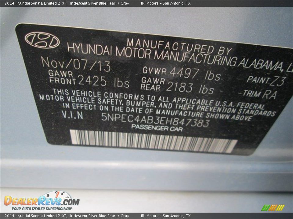 2014 Hyundai Sonata Limited 2.0T Iridescent Silver Blue Pearl / Gray Photo #15