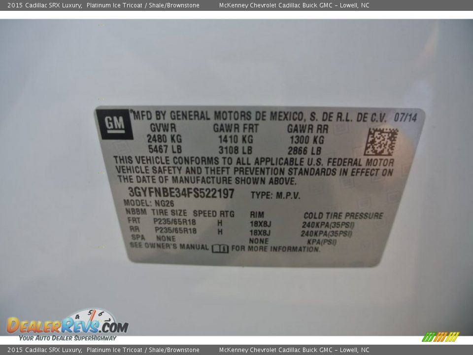 2015 Cadillac SRX Luxury Platinum Ice Tricoat / Shale/Brownstone Photo #7