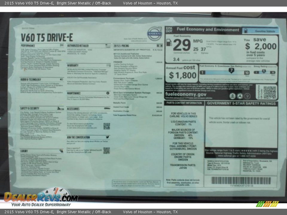 2015 Volvo V60 T5 Drive-E Bright Silver Metallic / Off-Black Photo #32