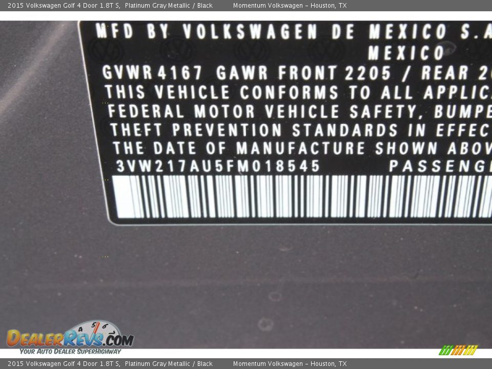 2015 Volkswagen Golf 4 Door 1.8T S Platinum Gray Metallic / Black Photo #25