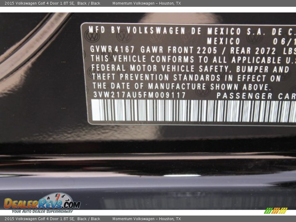 Info Tag of 2015 Volkswagen Golf 4 Door 1.8T SE Photo #26