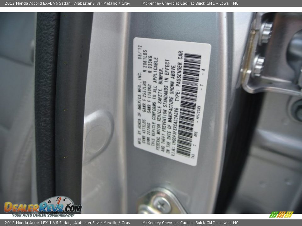 2012 Honda Accord EX-L V6 Sedan Alabaster Silver Metallic / Gray Photo #7