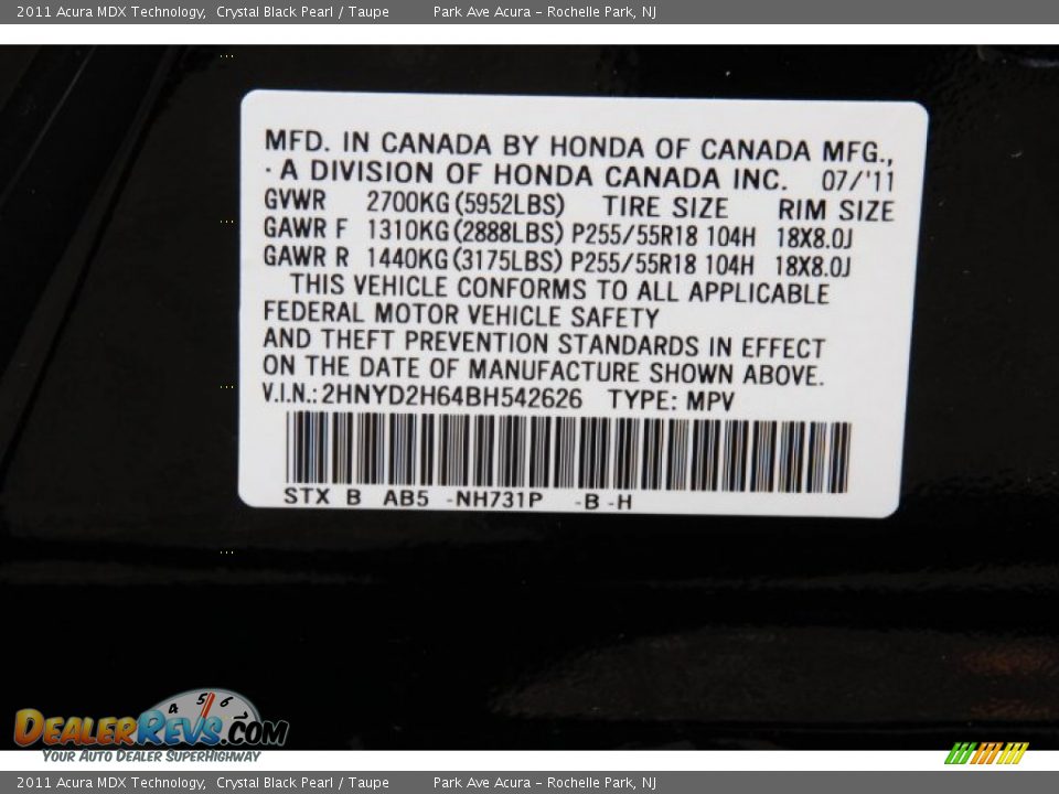 2011 Acura MDX Technology Crystal Black Pearl / Taupe Photo #34