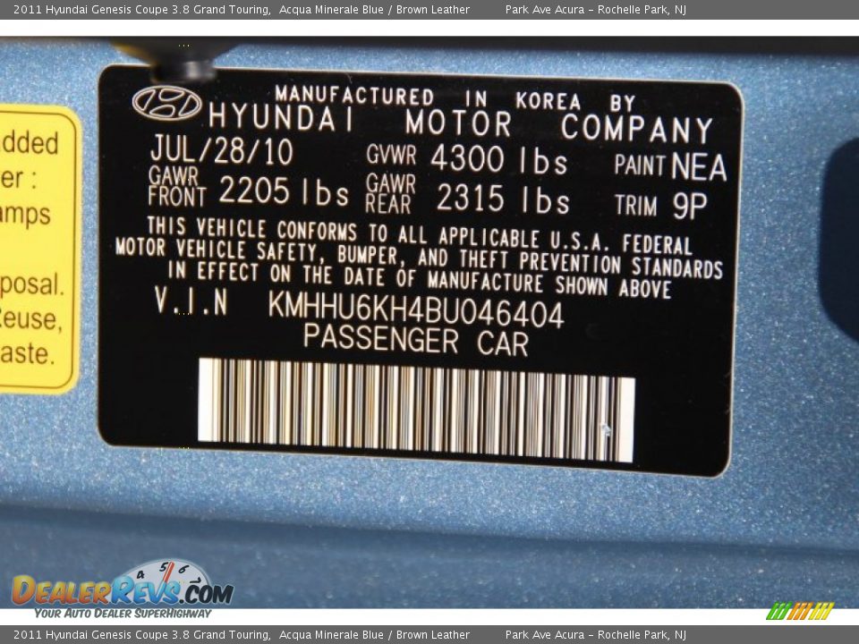 2011 Hyundai Genesis Coupe 3.8 Grand Touring Acqua Minerale Blue / Brown Leather Photo #33