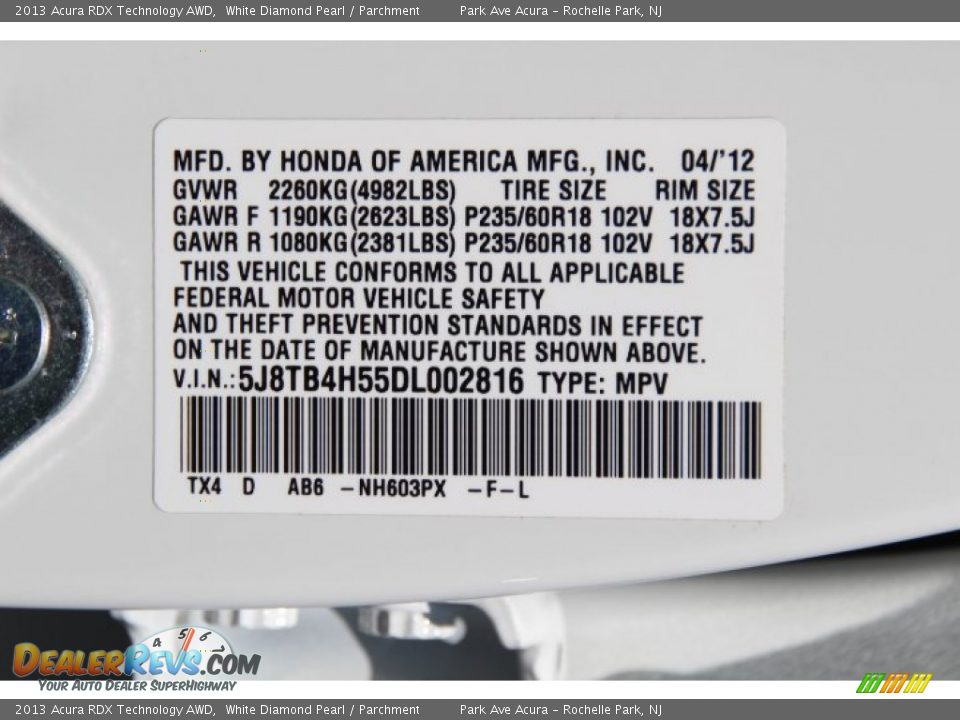 2013 Acura RDX Technology AWD White Diamond Pearl / Parchment Photo #34