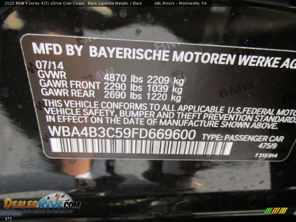 BMW Color Code 475 Black Sapphire Metallic