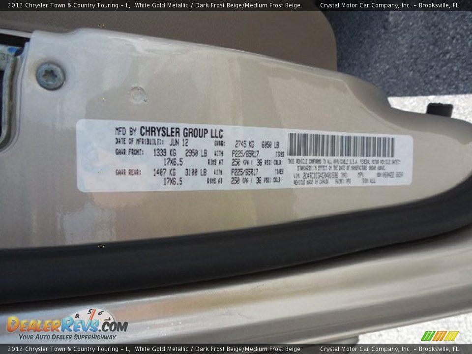 2012 Chrysler Town & Country Touring - L White Gold Metallic / Dark Frost Beige/Medium Frost Beige Photo #25