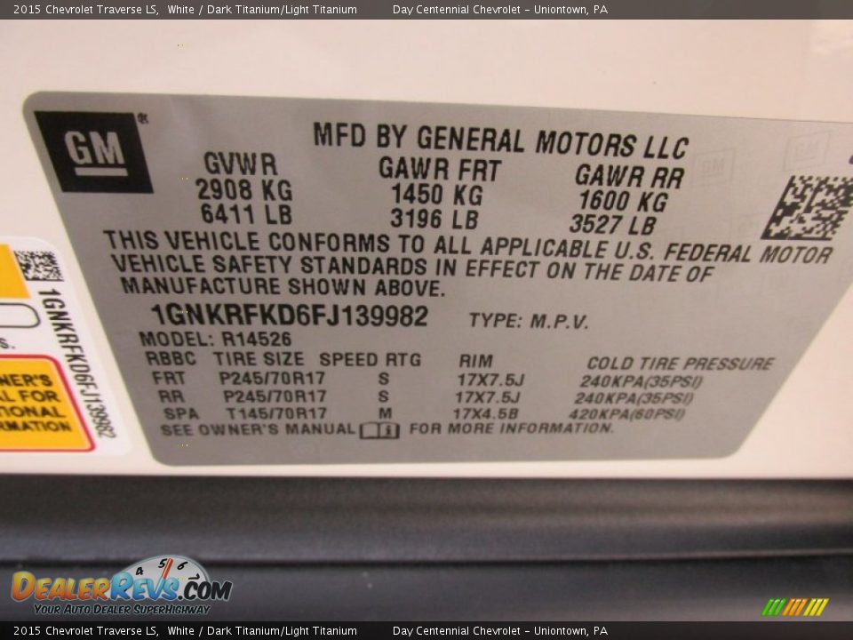 2015 Chevrolet Traverse LS White / Dark Titanium/Light Titanium Photo #19