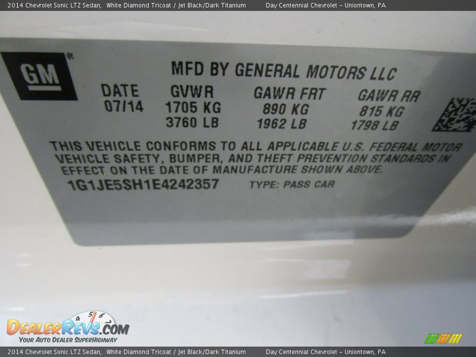 2014 Chevrolet Sonic LTZ Sedan White Diamond Tricoat / Jet Black/Dark Titanium Photo #19