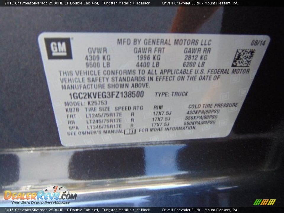 2015 Chevrolet Silverado 2500HD LT Double Cab 4x4 Tungsten Metallic / Jet Black Photo #20