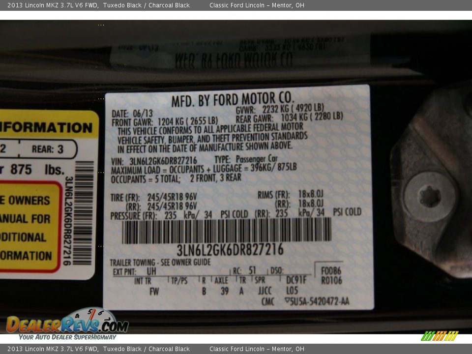 2013 Lincoln MKZ 3.7L V6 FWD Tuxedo Black / Charcoal Black Photo #24